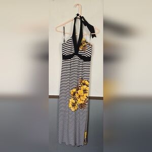 Carole Little Womens Size 8 Black And White Floral Sundress Halter Maxi Dress